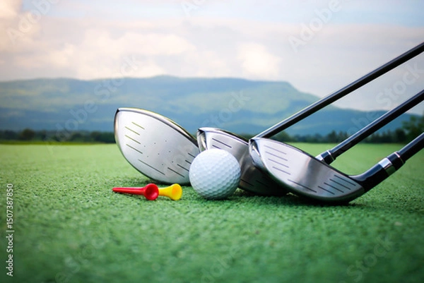 Fototapeta Golf Clubs and Ball on Green Turf with Scenic Background View