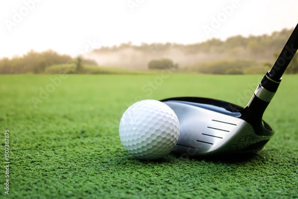 Fototapeta Close-Up of Golf Club and Ball on Lush Green Putting Surface