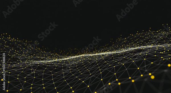 Fototapeta Abstract glowing yellow and white mesh waves on a dark background, representing digital data flow, network connections, or a futuristic technological landscape.