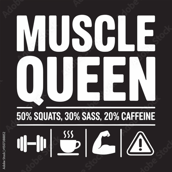 Obraz Editable Vector T-shirt Design – “Muscle Queen” Funny Gym Parody with Fake Nutrition Label and Fitness Icons