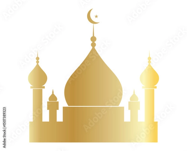 Obraz Golden Mosque Vector Icon – Islamic Masjid Silhouette with Crescent Moon | Elegant Gold Religious Landmark Design