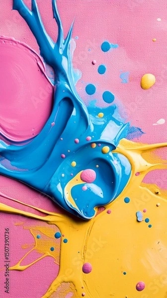 Fototapeta Dynamic liquid paint splash capturing vibrant blue and yellow colors intertwining with playful droplets on a pink background, creating an abstract artistic composition