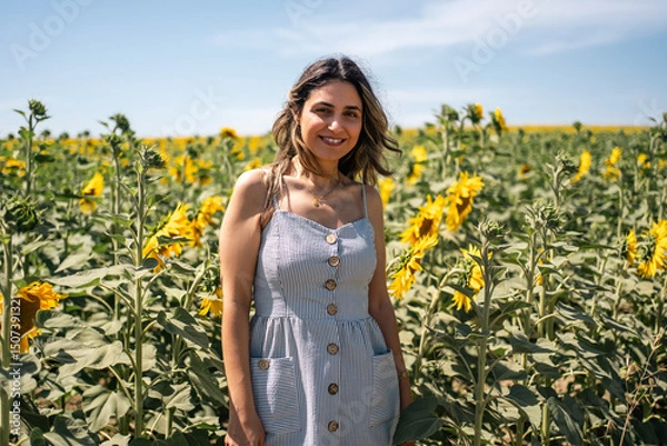 Fototapeta Happy woman arms raised and enjoying in sunflower field.