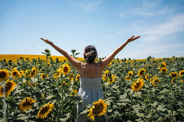 Fototapeta Happy woman arms raised and enjoying in sunflower field.