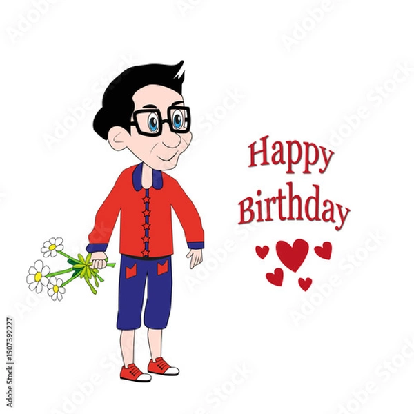 Obraz Felicitación de cumpleaños con hombre y ramo de flores.