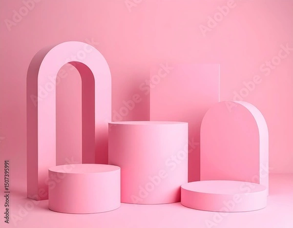 Fototapeta Pink Geometric Product Display Background, Minimalist Cylinders, Arches