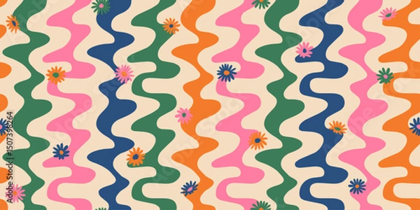 Fototapeta Floral pattern with abstract wave stripe. Groovy flowers background for fabric, textiles, clothing, cover, poster, banner, packaging, wallpaper, interior decor. Vector illustration.