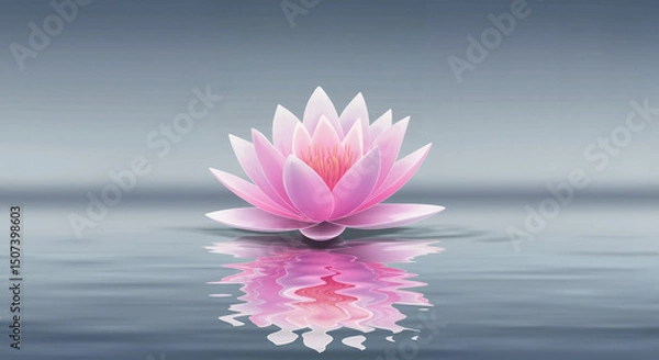 Fototapeta Pink lotus flower floating on calm water, tranquil wellness illustration for yoga studio branding, mindfulness apps, and World Meditation Day visuals