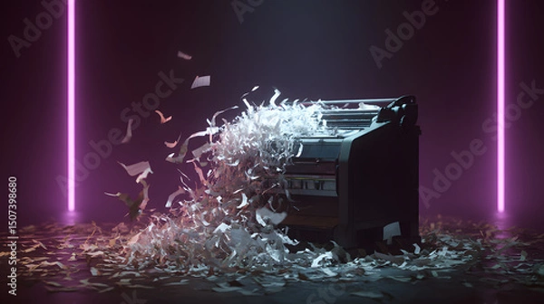 Obraz Shredded documents illustration Paper explosion from a printer in a dark, neon-lit setting