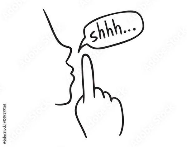 Obraz finger in mouth gesture symbol for silence doodle hand drawn icon. Outline drawing finger in mouth gesture line clipart symbol