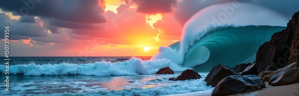 Obraz towering ocean wave bursts forth darkening turquoise waters engulfing rocky shoreline fiery sunset explodes across dramatic