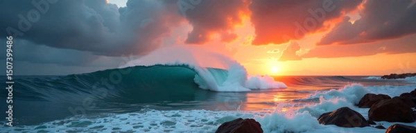 Obraz towering ocean wave bursts forth darkening turquoise waters engulfing rocky shoreline fiery sunset explodes across dramatic
