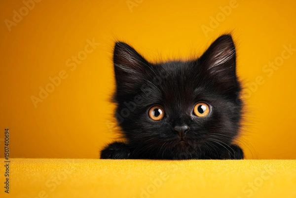 Fototapeta A charming kitten with orange eyes and fluffy black fur peeks over a minimalist yellow edge. The simple background enhances the cute, playful nature of the moment.