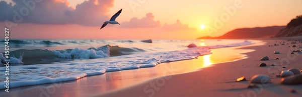 Obraz warm sunset casts golden glow tranquil beach scene single seagull soars overhead amidst gentle lapping wave