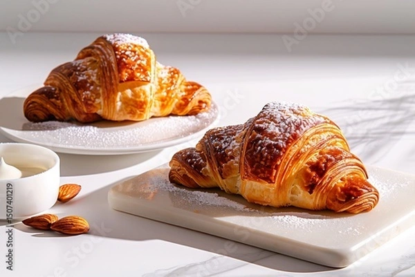 Fototapeta **Sweet Almond Croissants With Powdered Sugar Dusting, Styled On White With Shadows --Ar 3:2 --V 6.0 --S 250 --P G8Gxrjv** - @Darya (Relaxed)