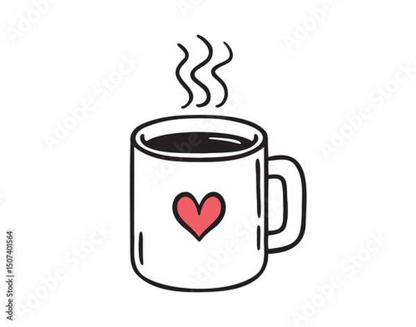 Obraz Mug of hot drink with cute doodle heart isolated hand drawn icon. Outline drawing cup with hot coffee or tea line clipart symbol