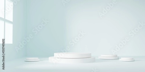 Fototapeta Minimal white podium on light green pastel background with soft shadows, perfect for beauty, cosmetic, and fashion branding. Elegant stage for product mockups and creative advertising. 3D blend.