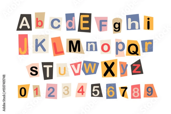 Fototapeta Colorful ransom note style alphabet and numbers cut from paper pieces isolated on white background vector