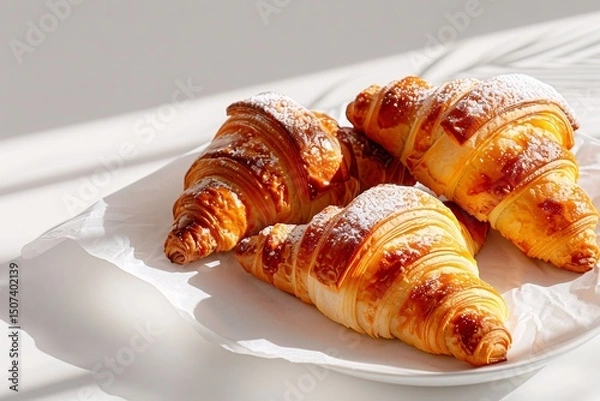 Fototapeta **Sweet Almond Croissants With Powdered Sugar Dusting, Styled On White With Shadows --Ar 3:2 --V 6.0 --S 250 --P G8Gxrjv** - @Darya (Relaxed)