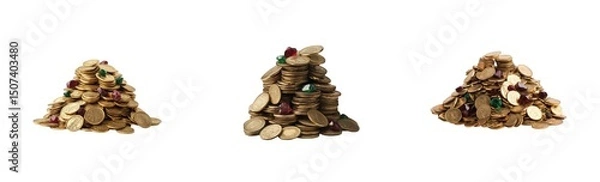 Obraz Piles of golden coins and gems forming distinct shapes in various arrangements