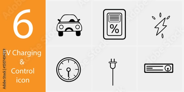 Fototapeta EV Charging & Control Icon Set – 6 Vector Illustrations for Electric Vehicle & Smart Energy UI