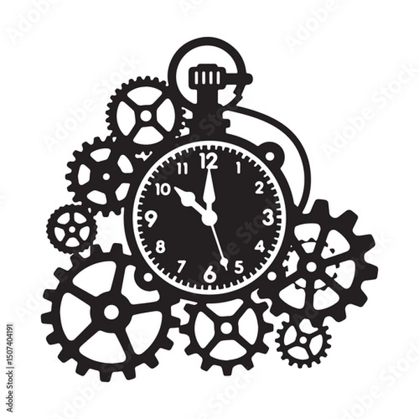 Fototapeta Steampunk clock with gears and cogs silhouette ornament Silhouette white Background.