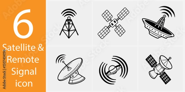 Fototapeta Satellite & Remote Signal Icon Set – 6 Flat Vector Illustrations for Tech, GPS & Communication
