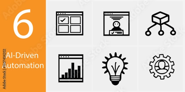 Fototapeta AI-Driven Automation Icon Set – 6 Vector Illustrations for Technology, Robotics, and Workflow Design