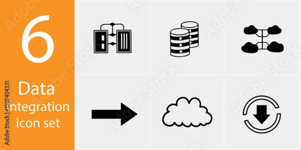 Fototapeta Data Integration Icon Set – 6 Flat Vector Illustrations for Analytics, Network & Tech Solutions