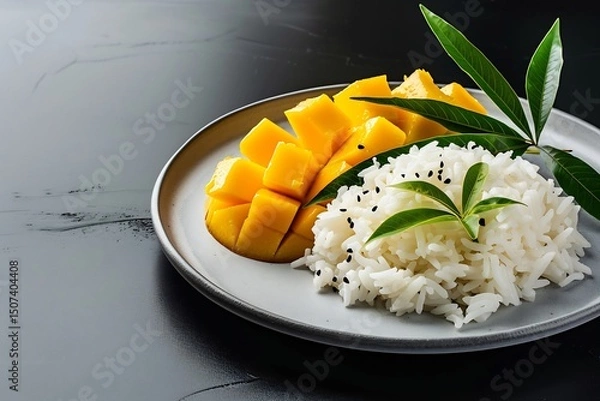 Fototapeta **Thai Mango Sticky Rice With Coconut Cream Drizzle On Ceramic Plate, Minimalist Background, Space For Branding --Ar 3:2 --V 6.0 --S 250 --P G8Gxrjv** - @Darya (Relaxed) -# Create, Explore, And Organi