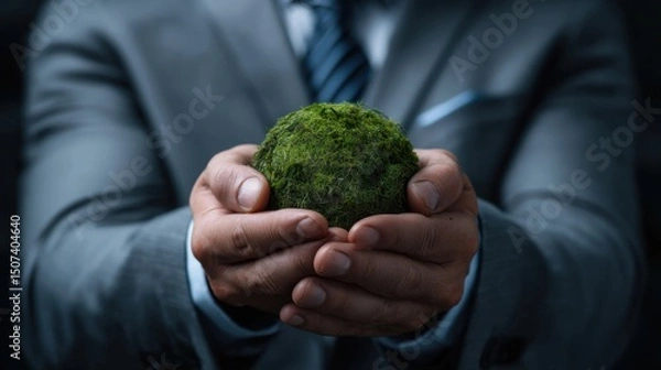 Fototapeta Corporate Stewardship: A professional holds a vibrant green sphere in his hands, symbolizing environmental responsibility, sustainable business practices.