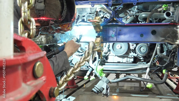 Obraz A Welder Welds a Car Frame on a Straightening Rack at Car Shop in Repair Process. Restoration of Damaged Frame of the Car on a Special Rack 
