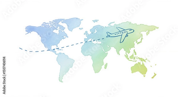 Fototapeta Watercolor world map with airplane and flight path, global travel illustration for blogs, tourism websites, educational content, logistics, migration studies, travel planning tools

