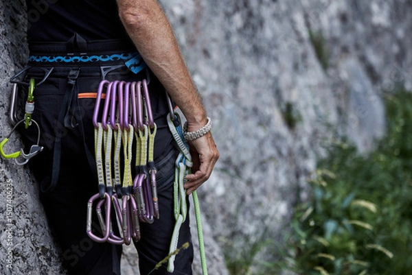 Fototapeta Climber prepares for ascent with gear attached in a natural setting at a rock face
