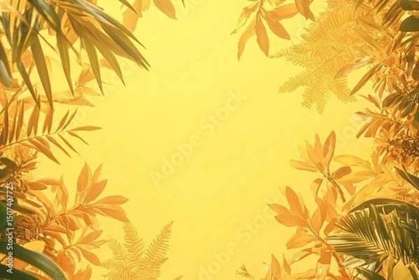 Fototapeta A vibrant yellow background with tropical leaves and pineapples