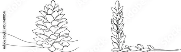 Fototapeta Elegant line art illustration of pine cone and branch for nature theme designs