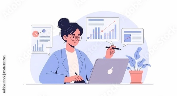 Fototapeta Analyzing Data Woman Working on Laptop with Financial Charts