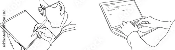 Fototapeta Vector illustration of person working on tablet and laptop using continuous line drawing