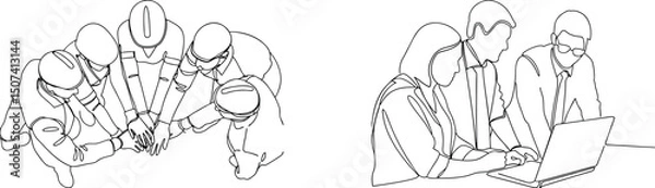 Fototapeta Teamwork and collaboration depicted in minimalist continuous line drawings demonstrating unity and partnership