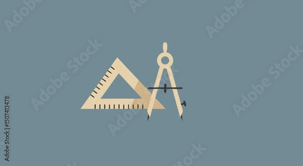 Fototapeta Stylized illustration of a ruler and compass on a blue background representing geometry and technical drawing tools
