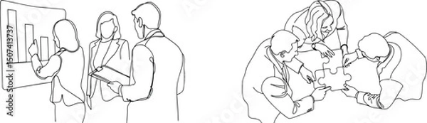 Fototapeta Business teamwork collaboration and problem solving illustrated with continuous line art