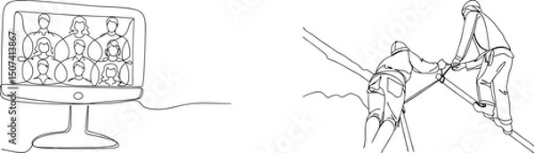Fototapeta Continuous line drawings depicting technology meeting and construction work