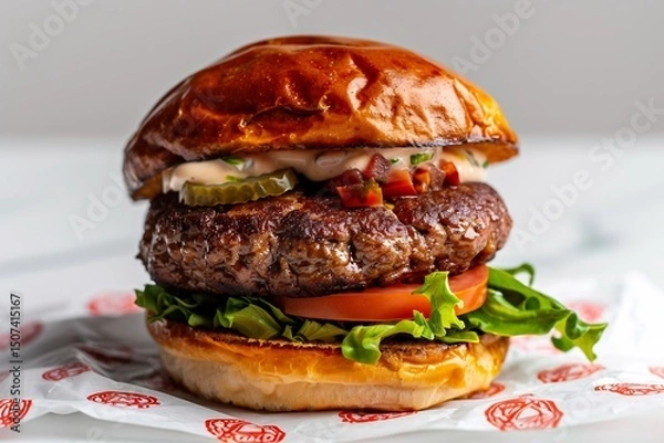 Fototapeta **Vegan Burger With Beetroot Patty, Lettuce, Tomato, And Vegan Mayo In Brioche Bun, Styled Clean On White --Ar 3:2 --V 6.0 --S 250 --P G8Gxrjv** - @Darya (Relaxed)