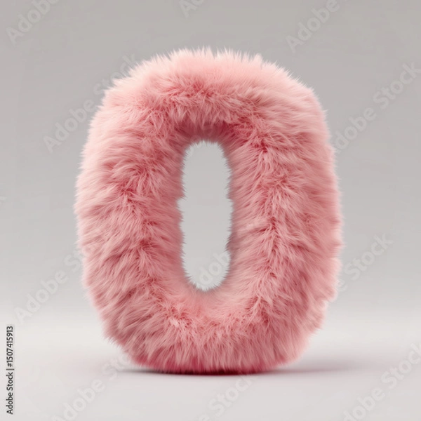 Fototapeta Pink fluffy fur textured number 0 on gray background, 3d render