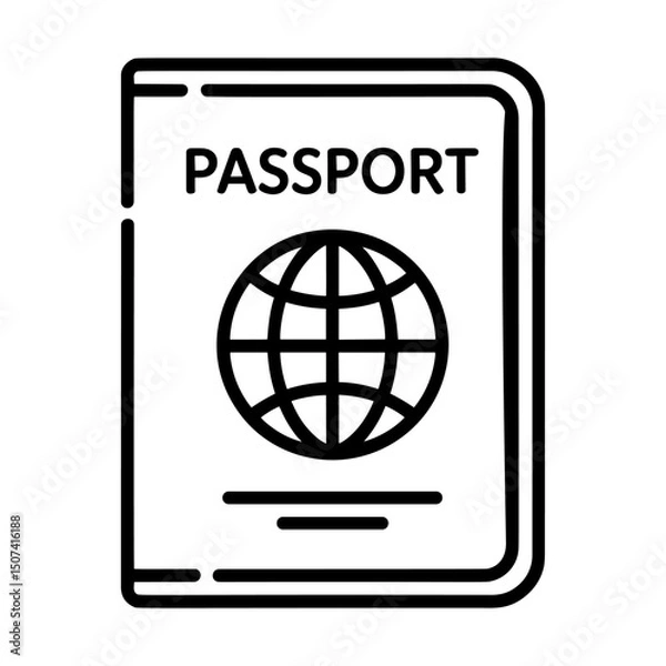 Fototapeta Black and white passport icon with a globe symbol, ideal for travel, identification, and international documentation concepts