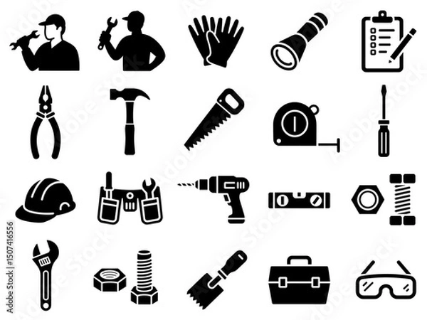 Fototapeta Black silhouette icons including hammer, screwdriver, drill, wrench, helmet, gloves, and toolbox for construction, DIY, repair, maintenance, and industrial safety themes