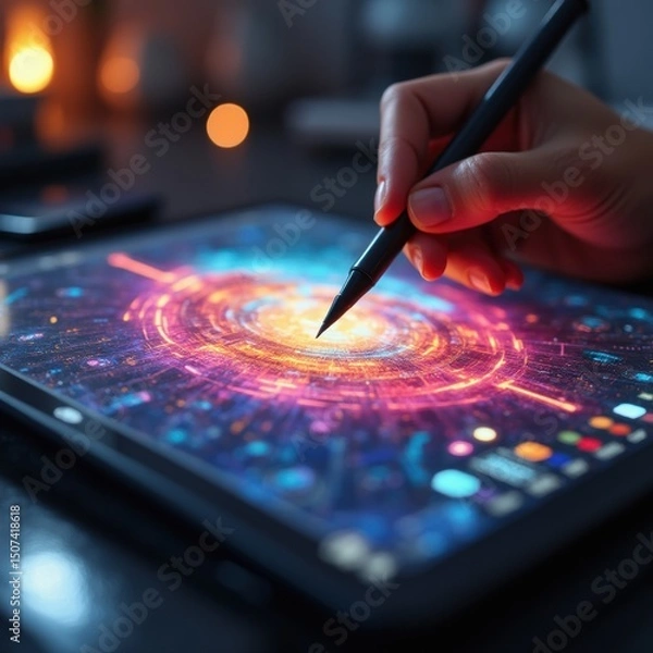 Fototapeta Digital tablet showing NFT art creation process with stylus and vibrant colors


