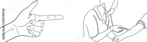 Fototapeta Medical professionals give an injection in an arm and a hand is pointing to it in line art