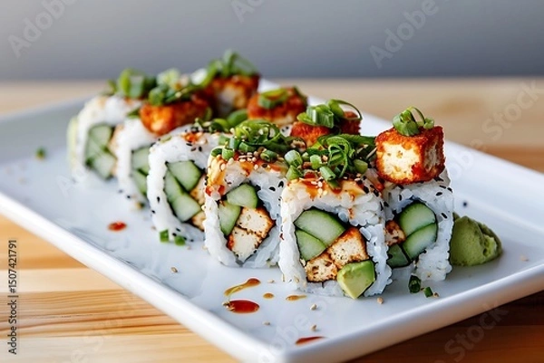Fototapeta **Vegan Sushi Rolls With Avocado, Cucumber, And Tofu, Served On Minimalist White Plate With Wasabi --Ar 3:2 --V 6.0 --S 250 --P G8Gxrjv** - @Darya (Relaxed)