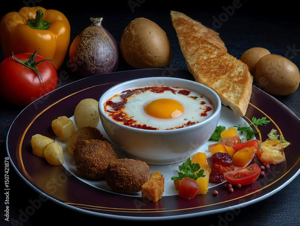 Obraz Delicious breakfast platter featuring eggs, vegetables, and crispy bread served in a stylish way